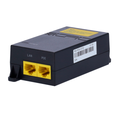Adaptador Power over Ethernet preto com portas LAN e POE amarelas
