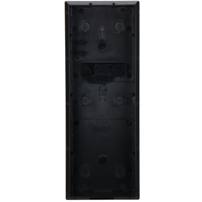 Parte traseira preta de dispositivo retangular com etiqueta e símbolos