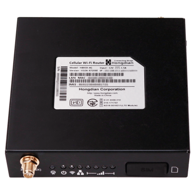 Roteador Wi-Fi celular preto da Hongdian com etiqueta técnica e conector para antena