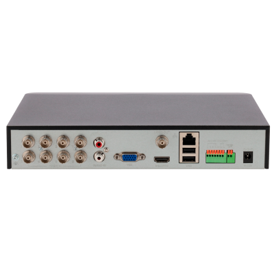 Dispositivo eletrónico com várias conexões traseiras para vídeo, áudio, USB, e Ethernet num fundo branco.