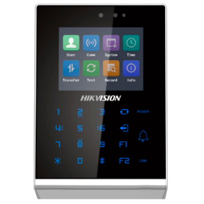 Dispositivo de controlo de acesso Hikvision preto com teclado numérico azul e ecrã colorido