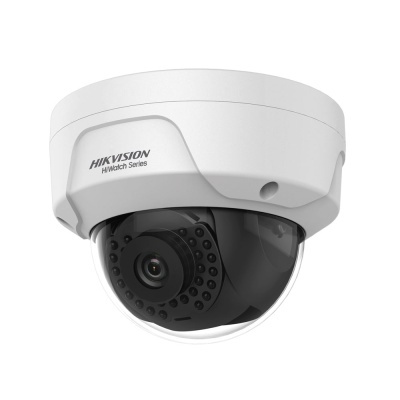 Câmara de vigilância dome branca com lente preta e texto HIKVISION HiWatch Series