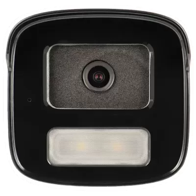 Câmara de videovigilância preta com lente central e luz branca inferior