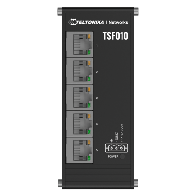 Dispositivo de rede preto Teltonika TSF010 com cinco portas Ethernet e luzes indicadoras.
