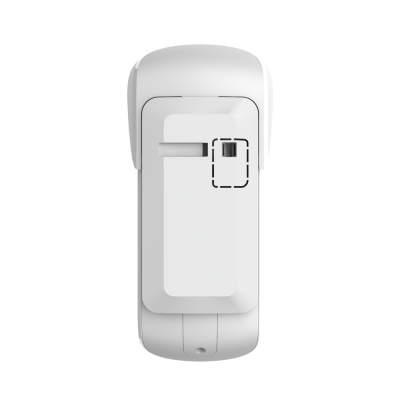 Dispositivo branco com mecanismo deslizante e retângulo preto no canto superior direito