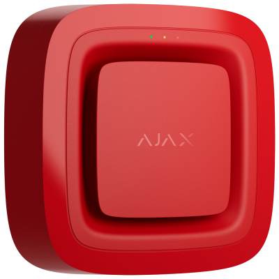 Dispositivo eletrônico vermelho quadrado com três LEDs e texto AJAX