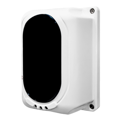 Caixa elétrica branca com parte frontal oval preta e parafusos