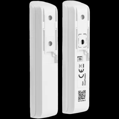 Sensores brancos retangulares Ajax DoorProtect com código QR e símbolo CE