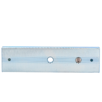 Produto metálico prateado com botões e orifícios