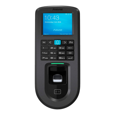 Leitor biométrico Anviz preto com ecrã a cores e teclado numérico