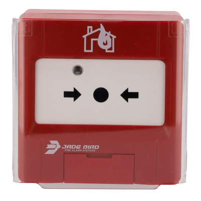 Alarme de incêndio manual vermelho com botões brancos e texto JADE BIRD