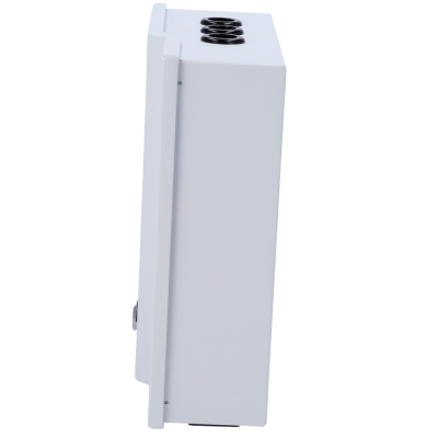 Dispositivo eletrónico branco com quatro botões circulares pretos no topo
