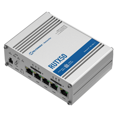 Roteador industrial Teltonika RUTX50 com várias portas Ethernet e caixa metálica cinza.