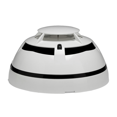 Detector de incêndio branco com faixas pretas e sensor central