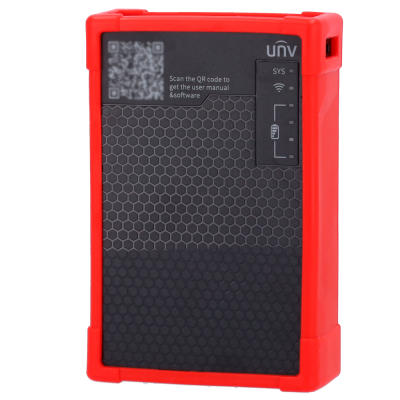 Dispositivo eletrônico vermelho e preto com QR code e texto de instruções