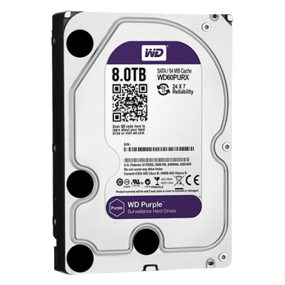 Disco rígido WD Purple 8TB com etiqueta roxa e texto detalhado