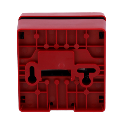 Parte posterior de caixa plástica vermelha para montagem na parede.