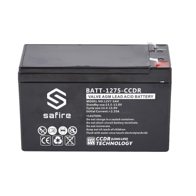 Bateria AGM de chumbo preta Safire BATT-1275-CCDR com texto branco e terminais metálicos