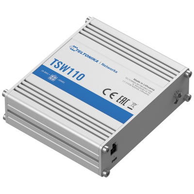 Dispositivo eletrónico Teltonika Networks TSW110 prateado com rótulo branco e azul