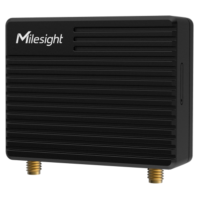 Dispositivo eletrónico preto com linhas horizontais e texto Milesight
