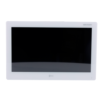 Monitor de vídeo branco com ecrã preto desligado e logotipo HIKVISION