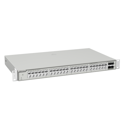 Switch de rede de rack 1U cinzento com portas Ethernet e SFP