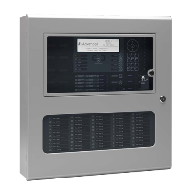 Central de alarme anti-incêndio metálica cinzenta com visor digital e teclado