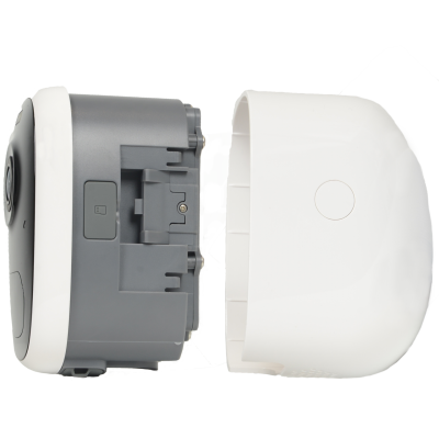 Peças de dispositivo electrónico, uma branca oval e outra cinza com botão e parafuso