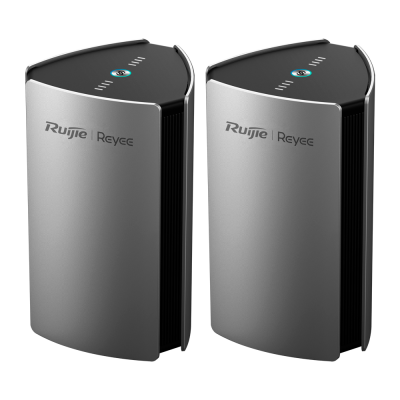 Dois dispositivos eletrónicos cinzento prateado com texto Ruijie Reyee