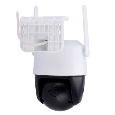 Câmara de segurança Wi-Fi branca e preta com antenas e suporte branco montada na parede