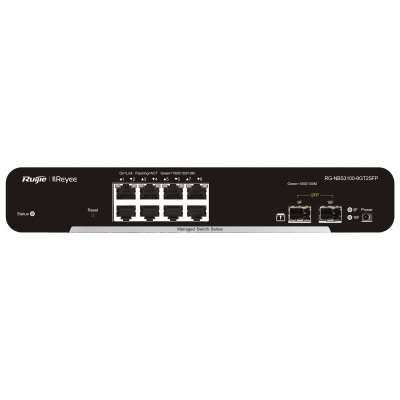 Switch de rede Ruijie Reyee preto com oito portas Ethernet e duas portas SFP
