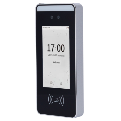 Leitor de acesso digital cinzento com ecrã a mostrar hora e data.
