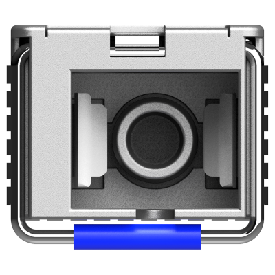 Caixa metálica cinza com formas circulares e retangulares, alça azul.