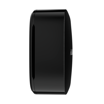 Dispositivo eletrônico preto com fecho lateral e parte do texto 'Mi' visível