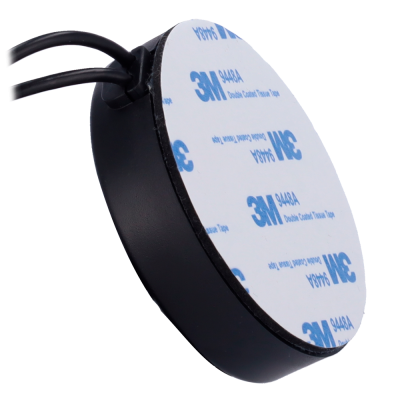 Produto redondo preto com fita adesiva 3M e fios pretos