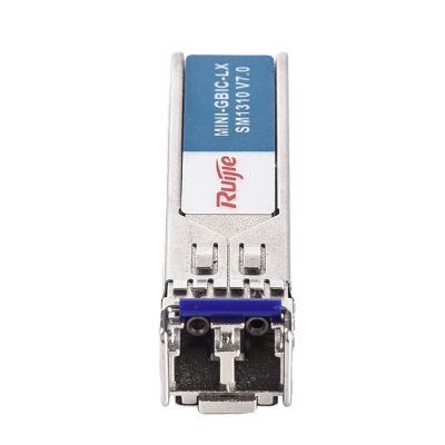 Módulo SFP metálico prateado com etiqueta azul e branca escrito MINI-GBIC-LX Ruijie