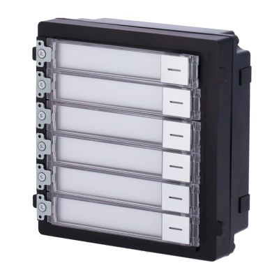 Interruptor elétrico de parede preto com seis botões brancos