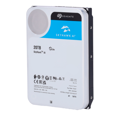 Disco rígido Seagate SkyHawk AI 20TB com etiqueta branca azul preta e conexões SATA