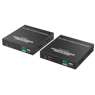 Dispositivos pretos HDMI Extender 4K 60Hz, com etiquetas e conexões RS-232