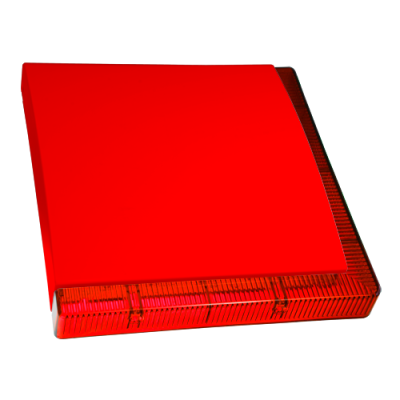 Caixa retangular de plástico vermelho translúcido com tampa opaca vermelha