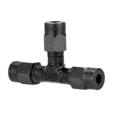 Conector metálico em forma de T para tubos com gravações visíveis