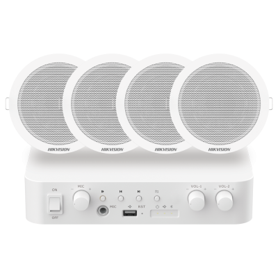 Sistema de áudio branco com quatro altifalantes redondos HIKVISION e unidade de controlo