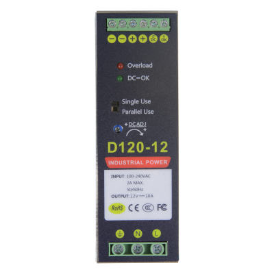 Dispositivo industrial D120-12 com indicadores e especificações técnicas visíveis