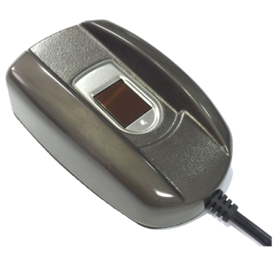 Leitor biométrico USB cinza escuro com área de impressão digital e cabo preto