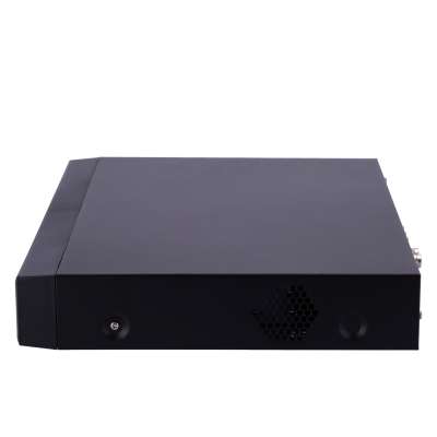 Aparelho eletrónico preto retangular com grelha de ventilação hexagonal