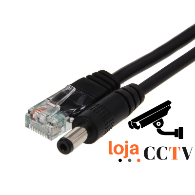 Cabo de alimentação e cabo Ethernet com conectores e logótipo loja CCTV