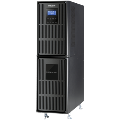 UPS preta PHASAK com ecrã azul e caixa de bateria empilhada sobre rodas