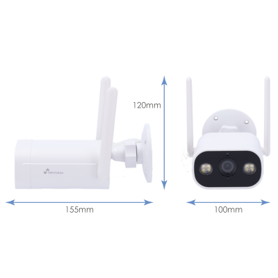 Câmera de segurança branca com duas antenas e luzes LED