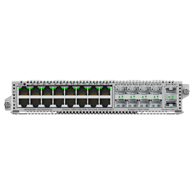 Switch de rede com 8 portas Ethernet e 4 portas SFP, indicadores LED verdes e texto impresso