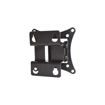 Suporte de parede preto para monitor ou TV pequeno em metal com vários furos para fixação.